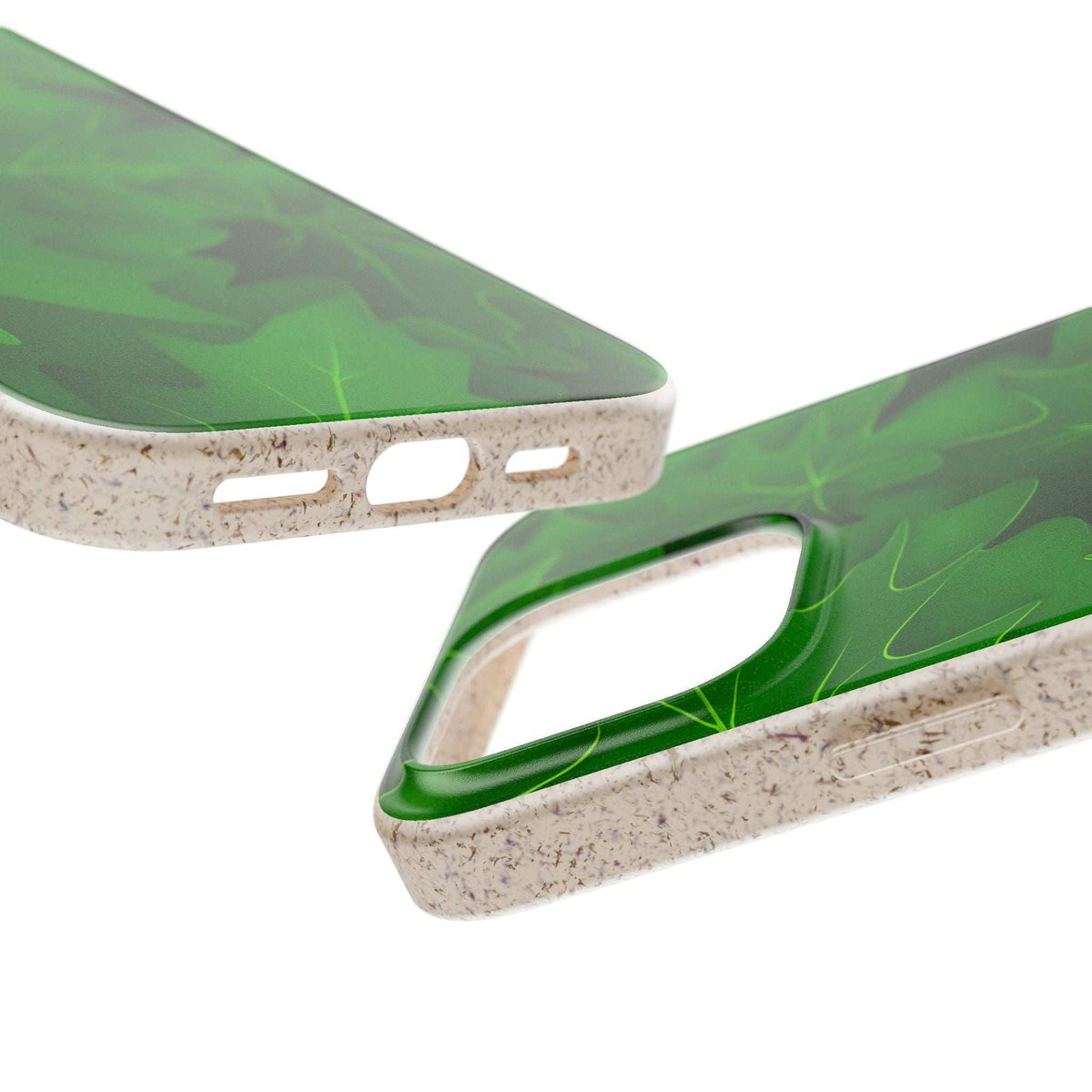 Green phone case corner view with speckled beige bumper and side cutouts