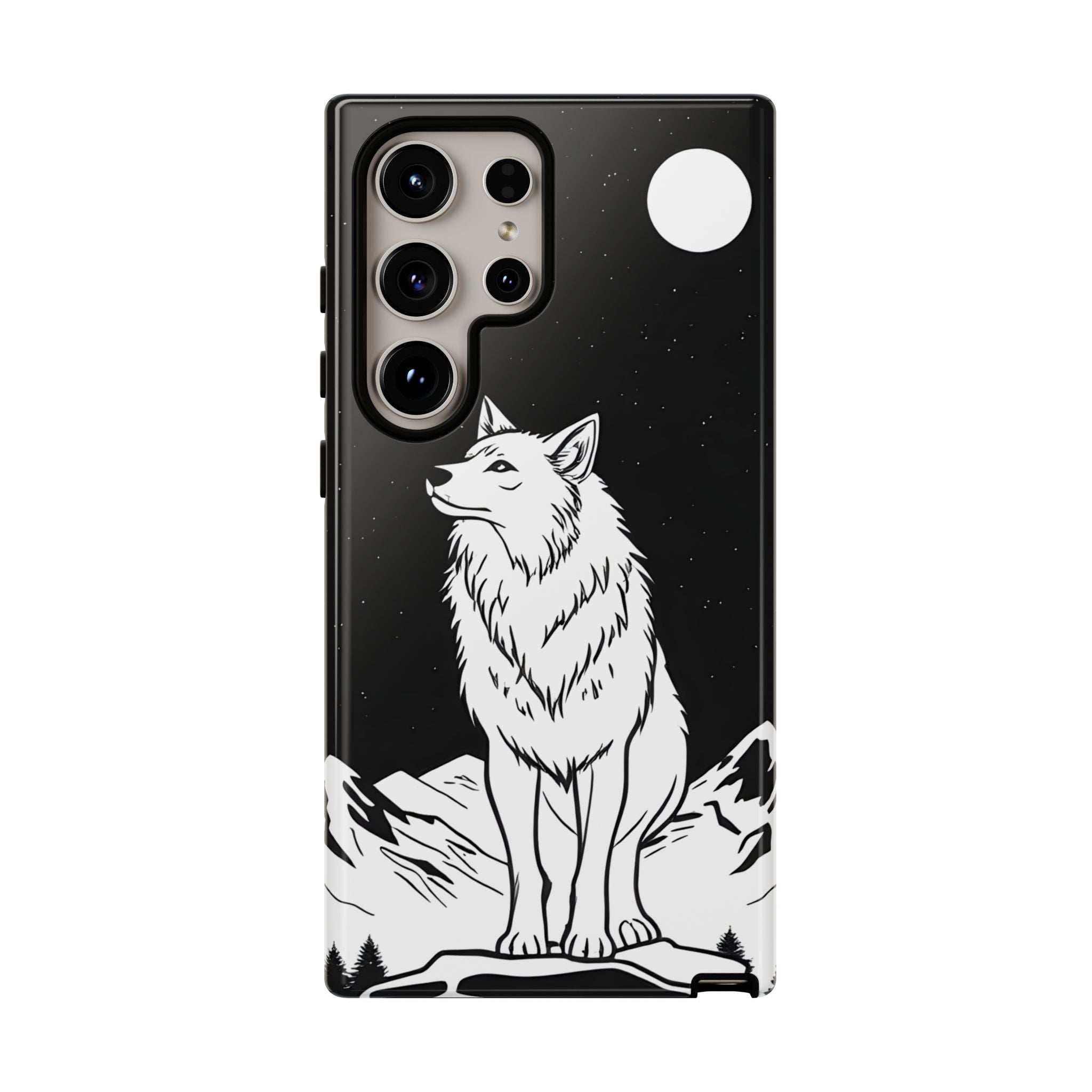 Black phone case with wolf graphic and raised camera cutouts for iPhone and Galaxy