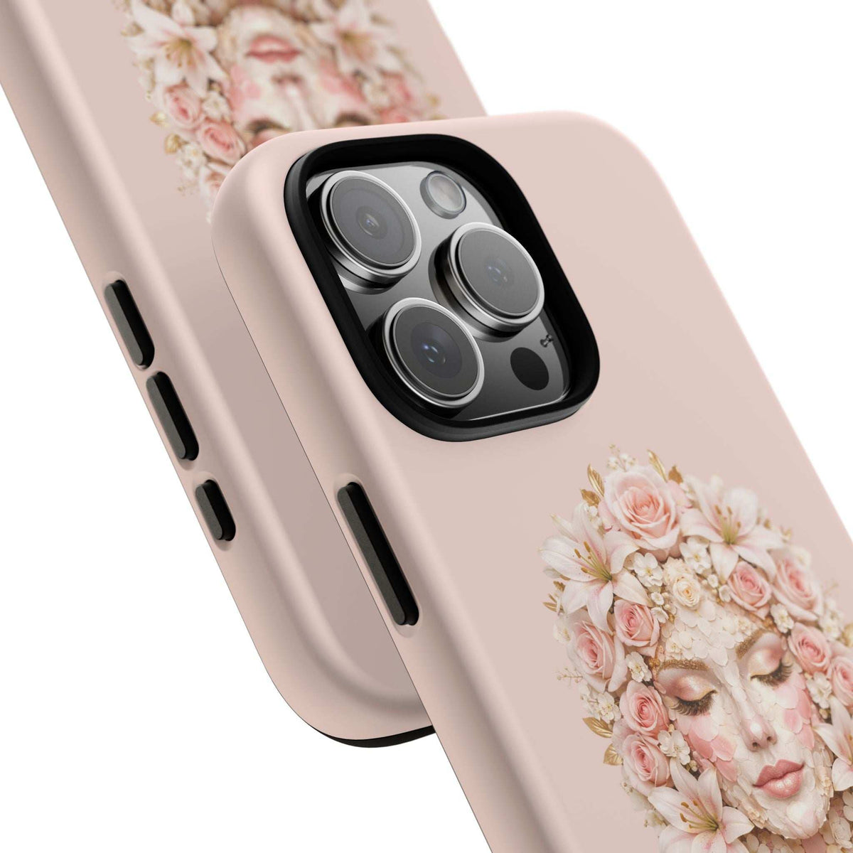 Light pink phone case corner with floral woman artwork and camera lens cutout