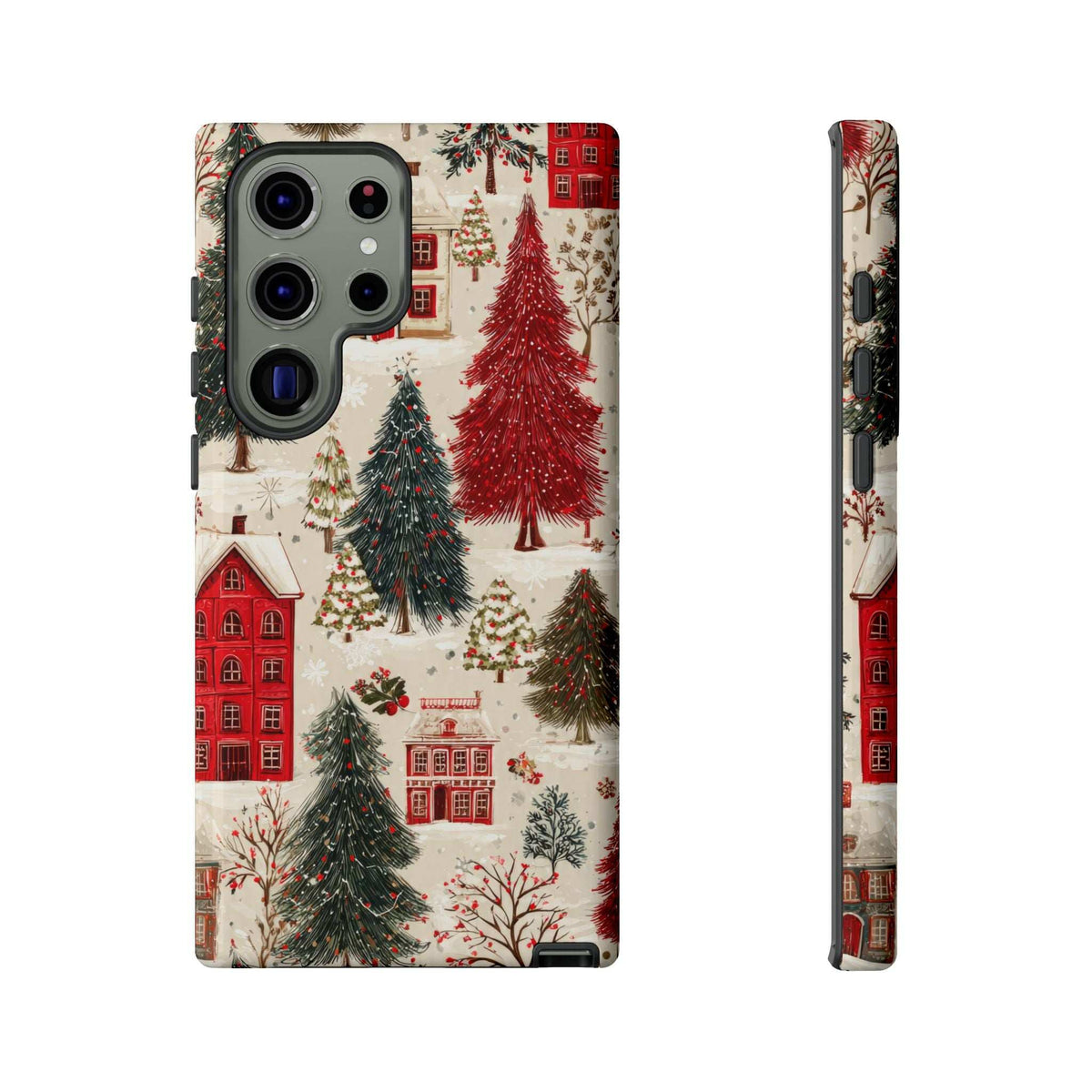 Winter village phone case with red houses and snowy pine trees; camera cutout visible.