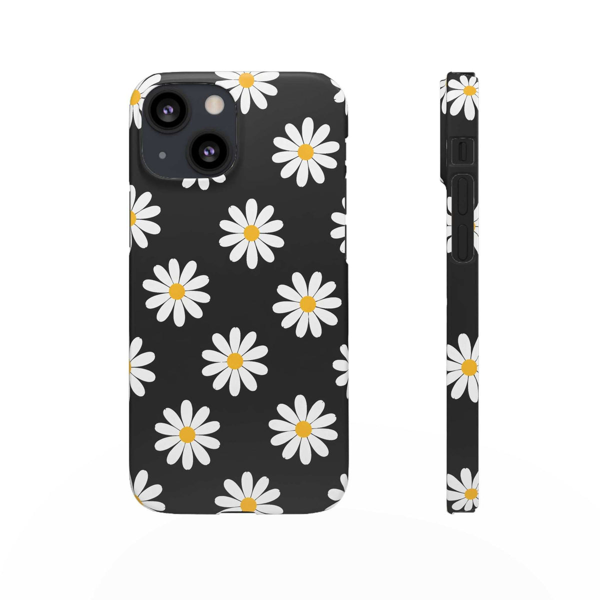 Black phone case front view featuring white daisies with yellow centers, camera lenses exposed.