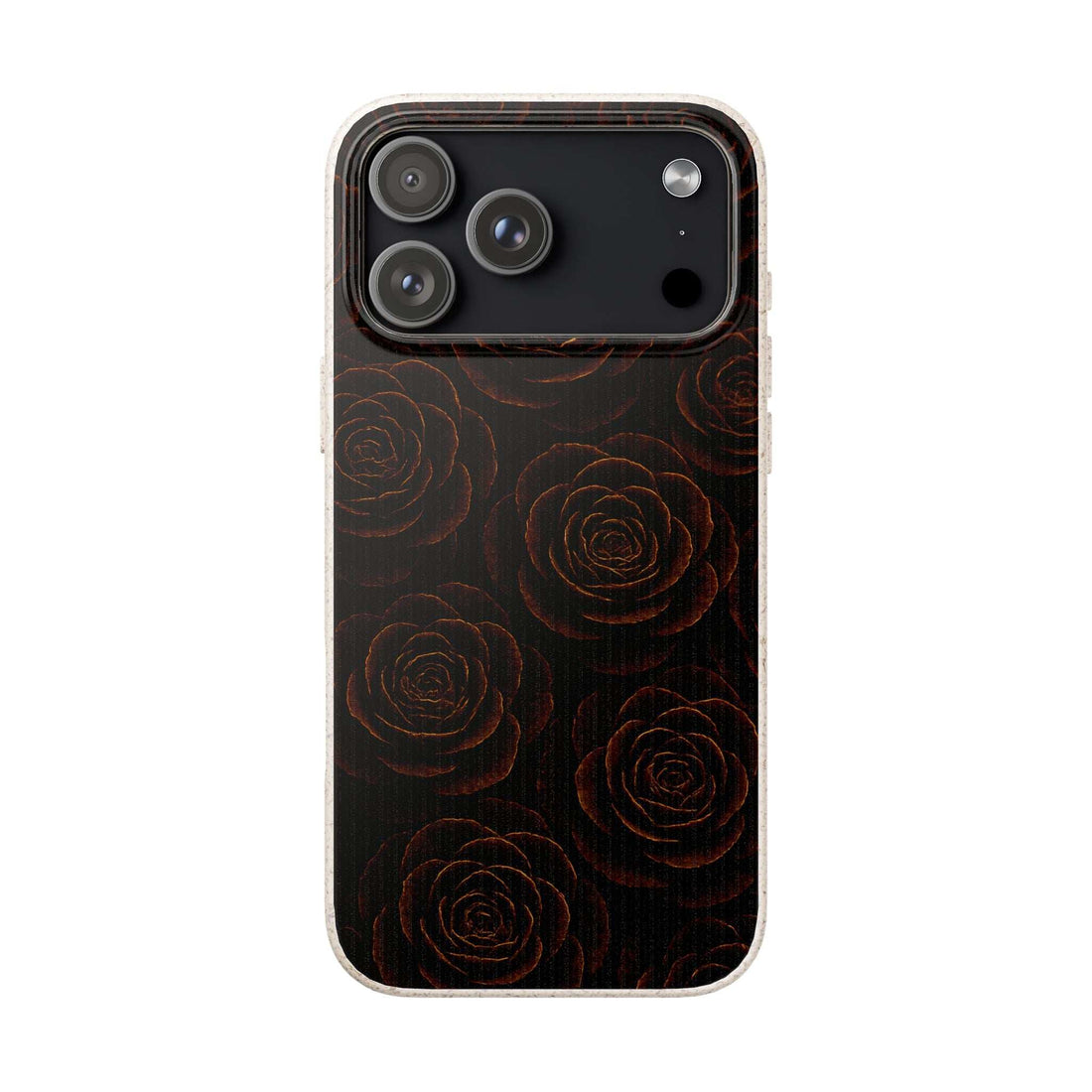 Phone case with black and brown rose pattern, visible camera cutout