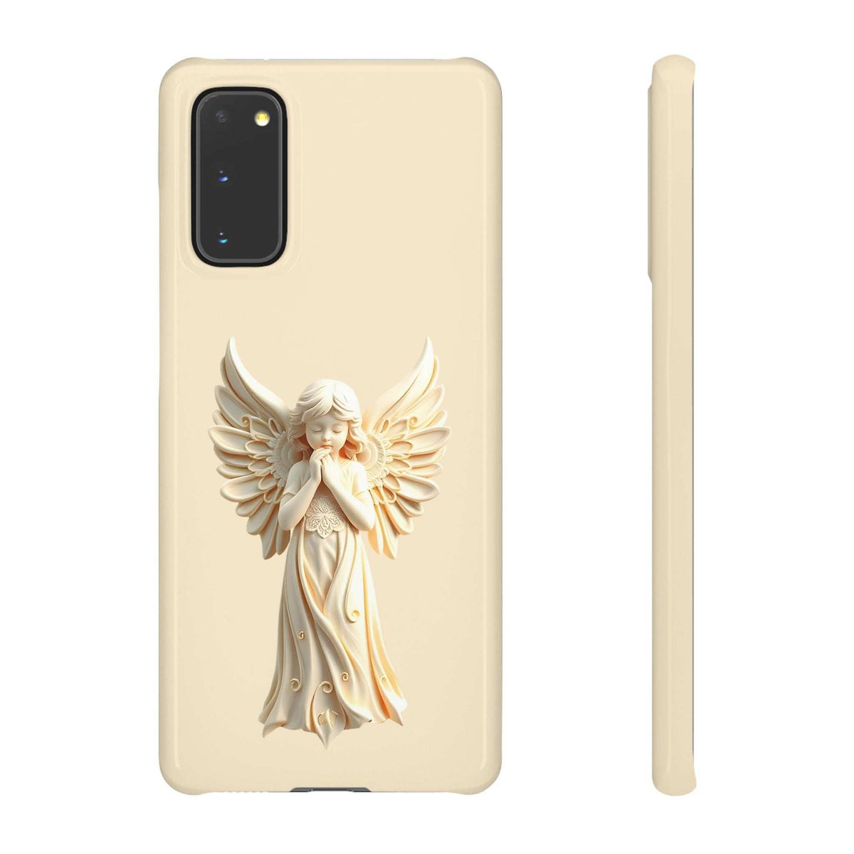 Light beige phone case with angel figure and slim side profile