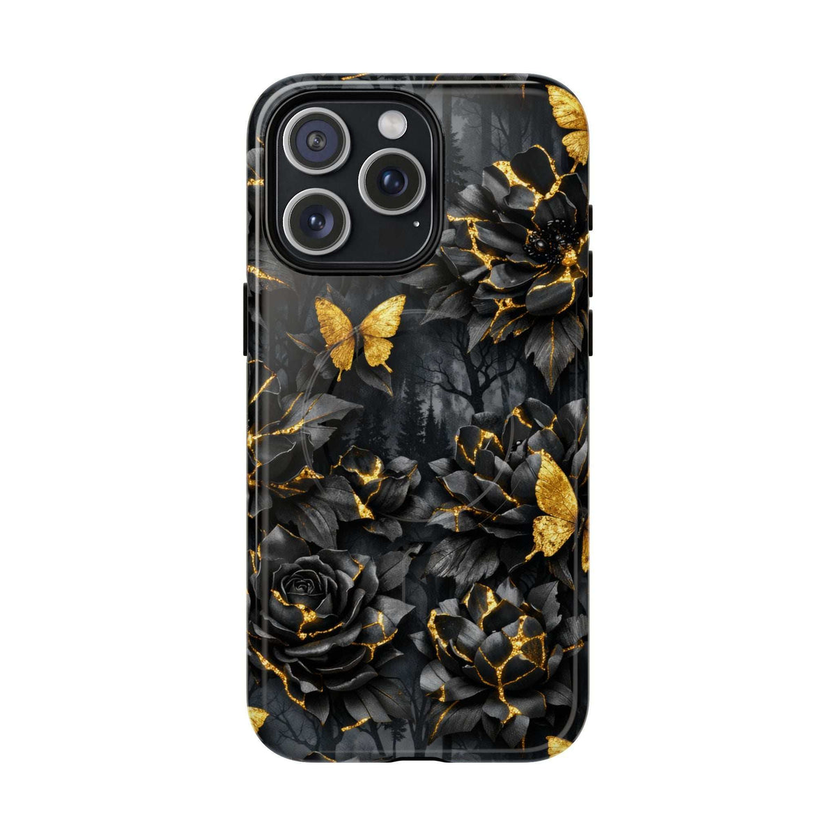 Phone case with black rose design, gold butterfly and rose accents, and golden crack details