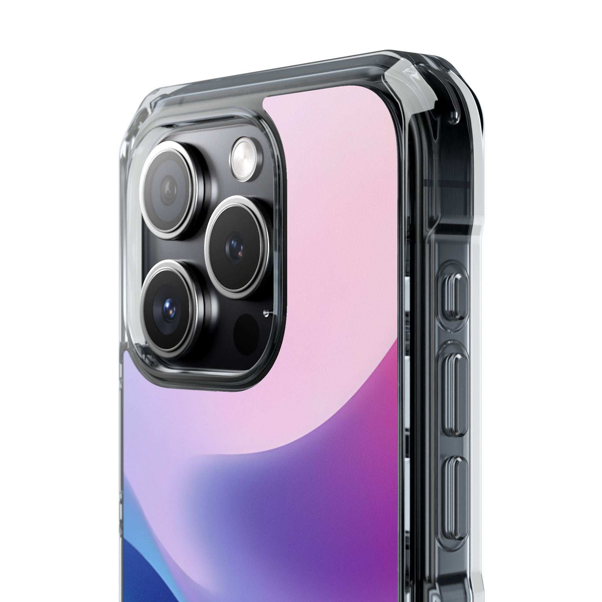 Pastel wave phone case front view with transparent black sides and lens cutouts