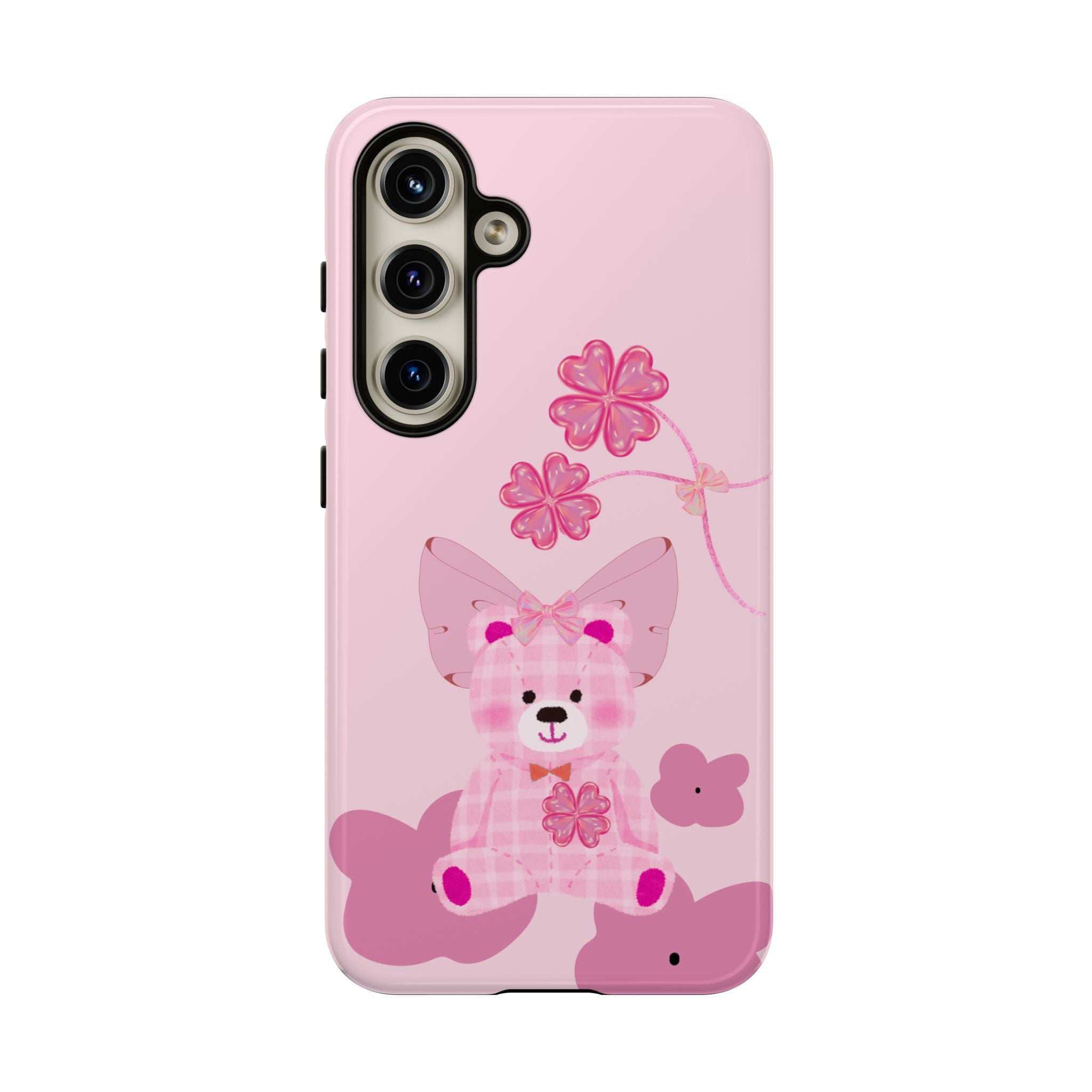 Pink phone case with teddy bear holding flowers and bow; camera cutouts visible