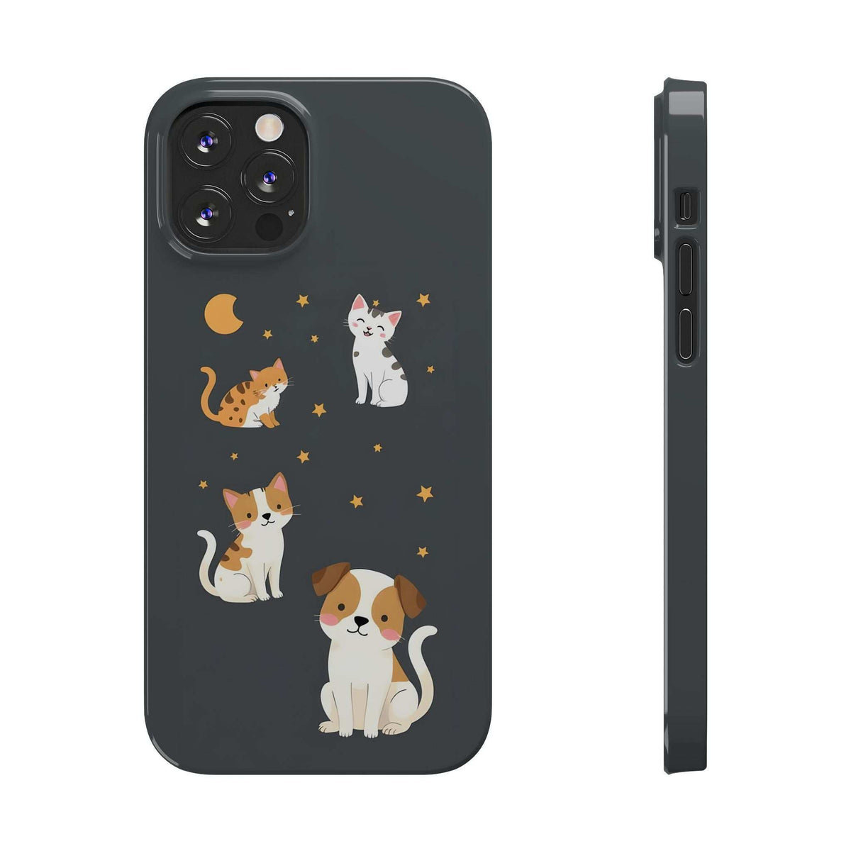 Phone case front and side with cat and dog pattern, stars, and moon; camera and ports visible