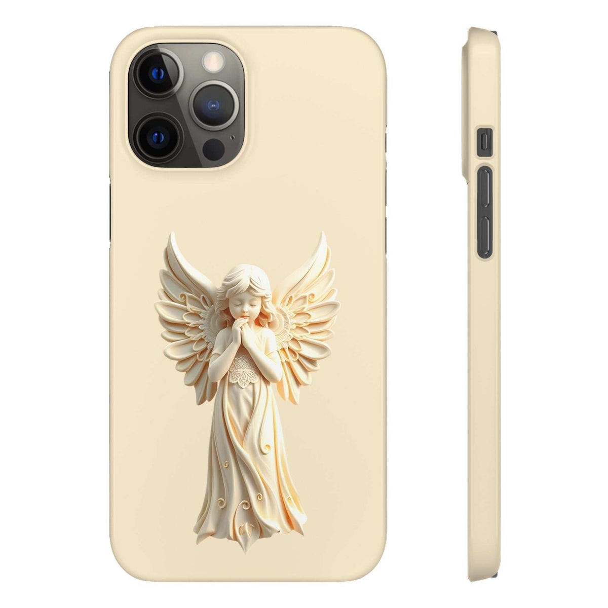 Beige phone case with angel figure design, quad camera cutouts and side button openings