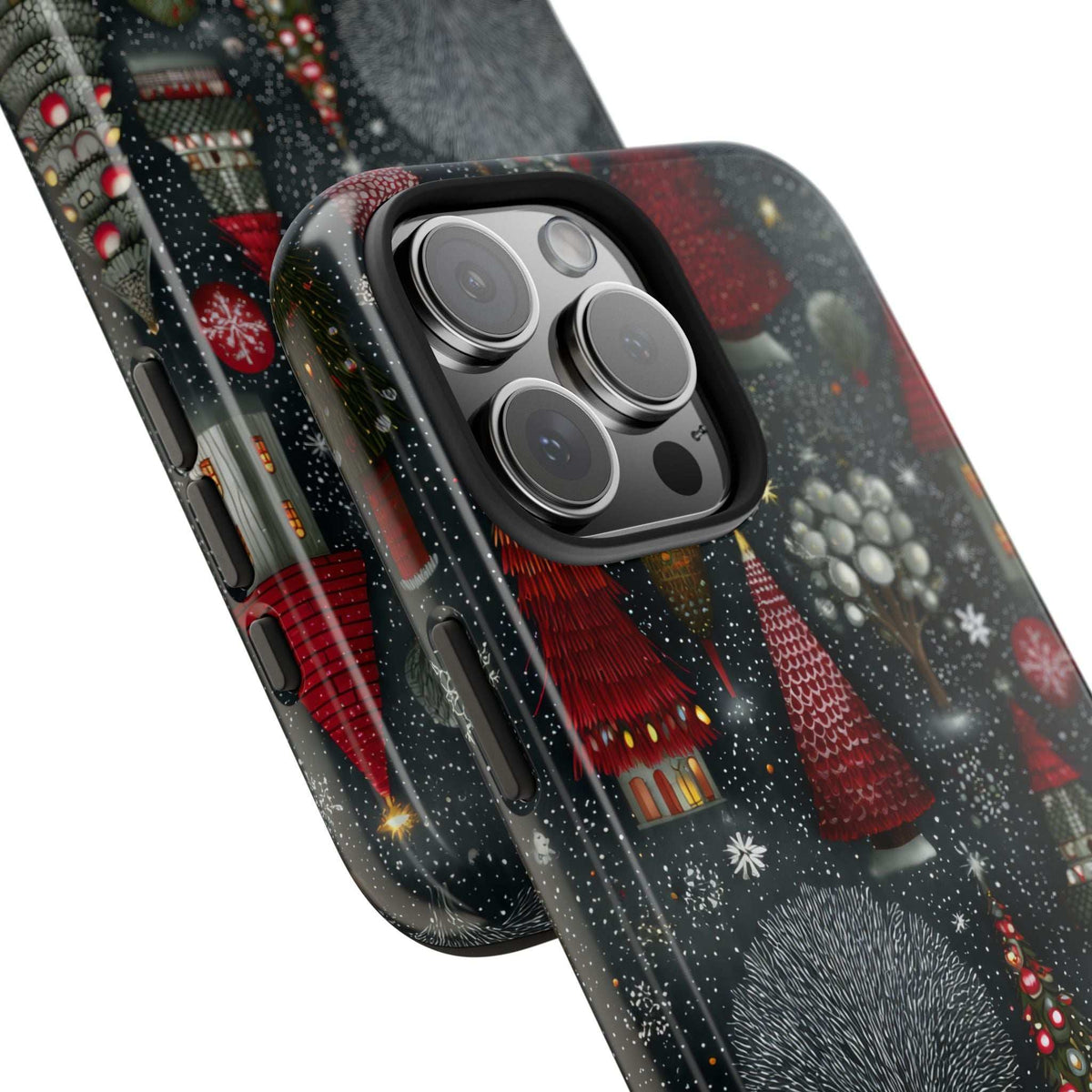 Frosted phone case close-up: dark gray winter scene with red ornaments, camera lens openings