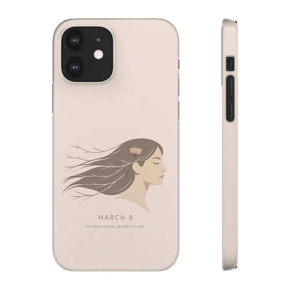 Beige phone case with floral woman “March 8” graphic; camera lens cutout and side buttons.