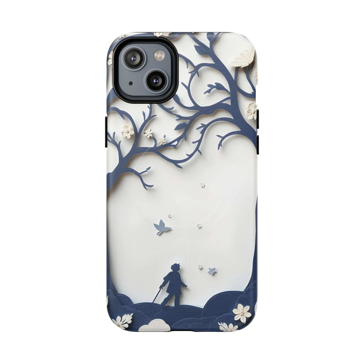 Phone case with blue silhouette landscape, birds and tree branches on white