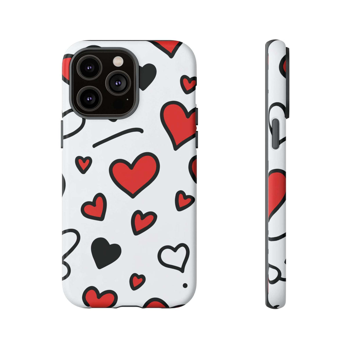 White phone case with red and black hearts motif, side buttons and triple-camera cutout