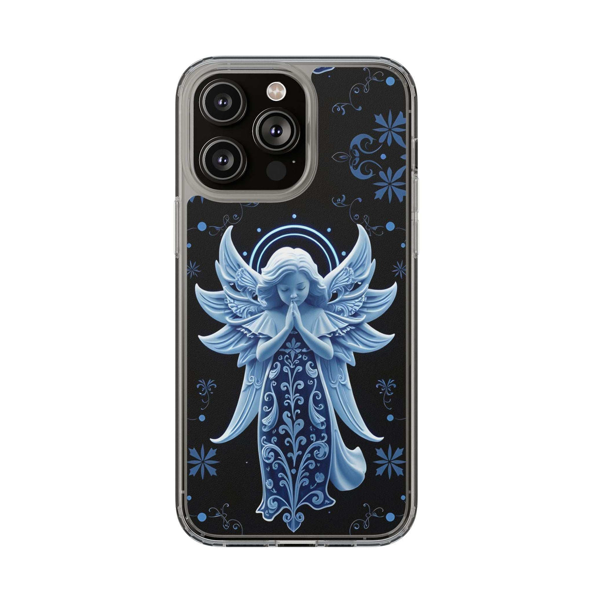 Black phone case with blue angel prayer design and raised camera cutouts