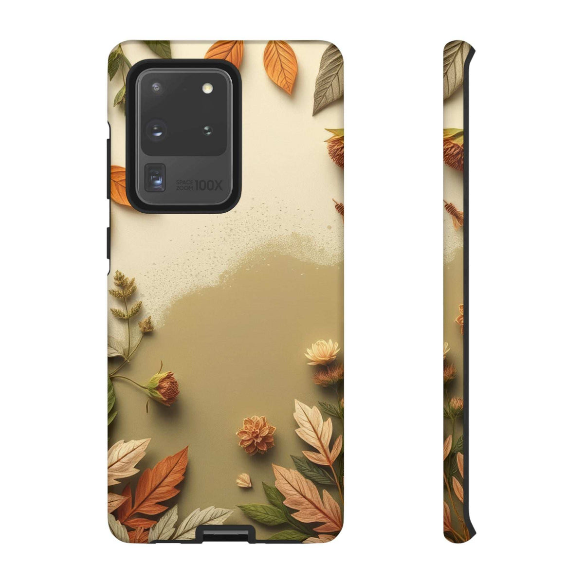 Autumn leaf phone case, beige and green leaf pattern, front camera cutout and buttons