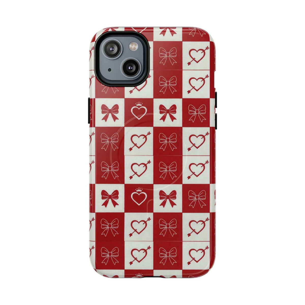 Phone case back with red and white heart and bow grid pattern, camera openings