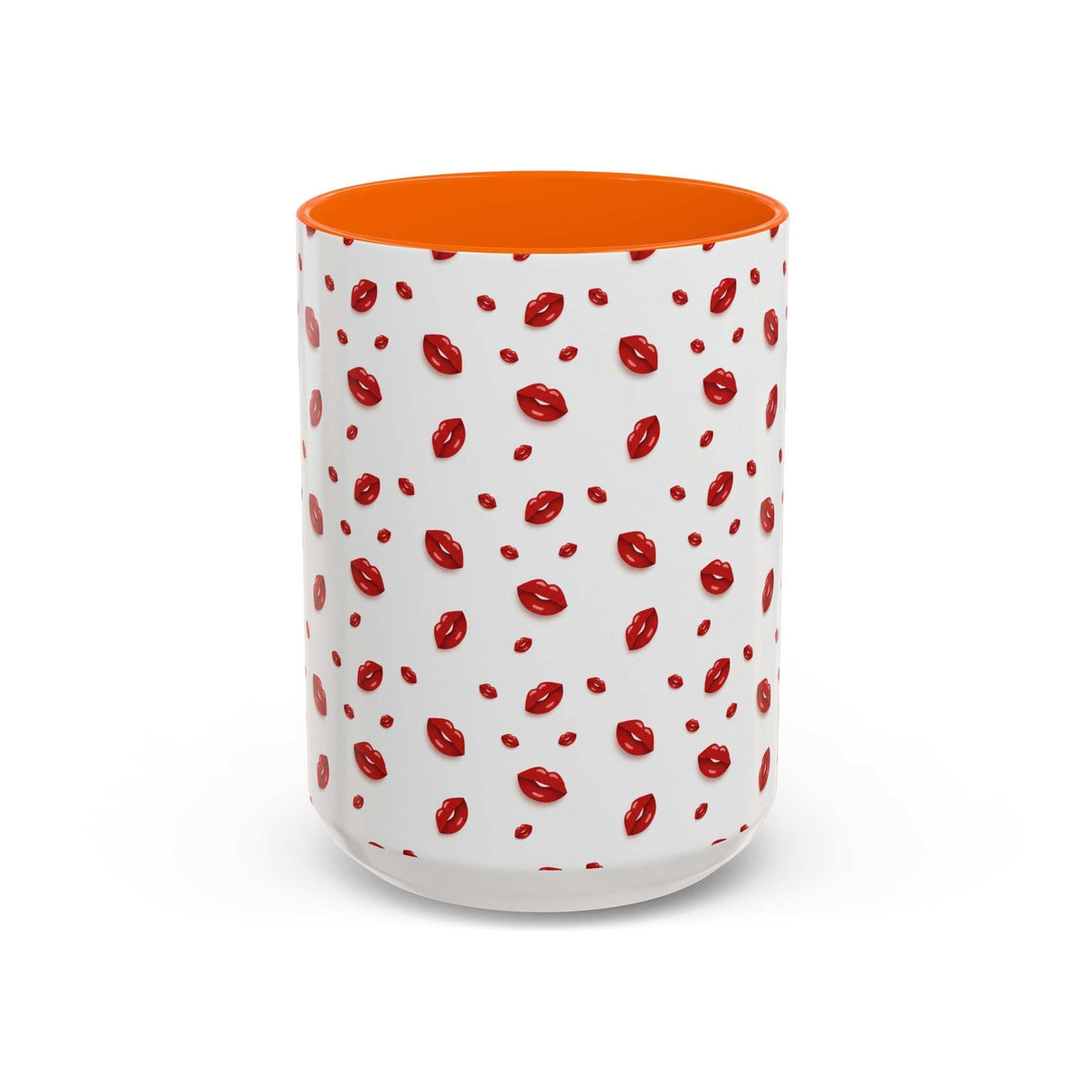 Ceramic coffee mug with red lips pattern and orange interior