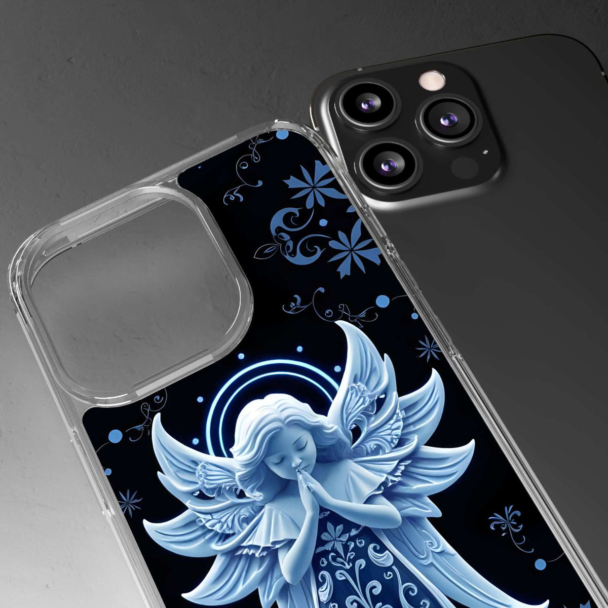 Clear phone case with blue angel prayer design and neon halo circle on dark blue
