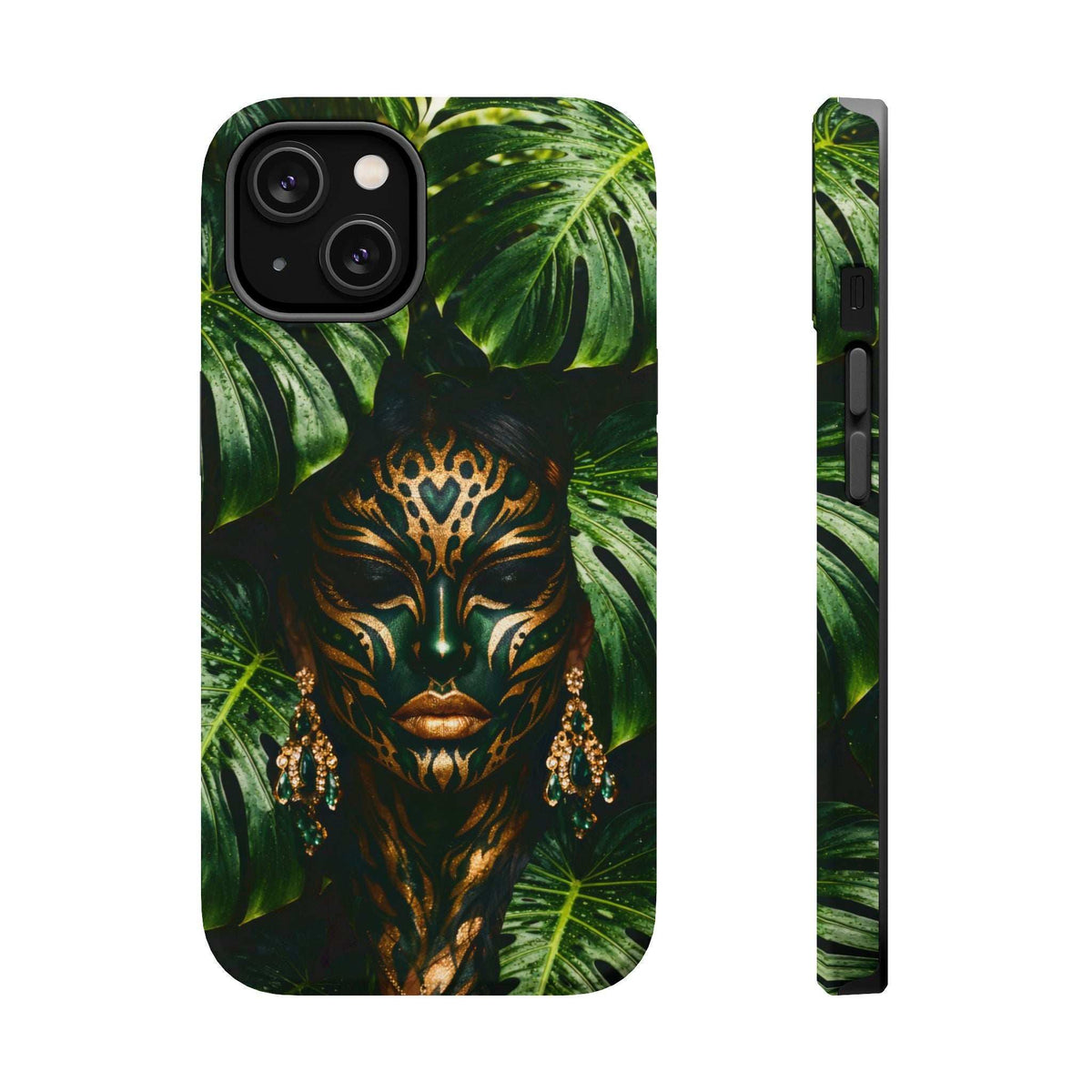 Jungle face mask phone case with gold accents and green tropical leaf pattern