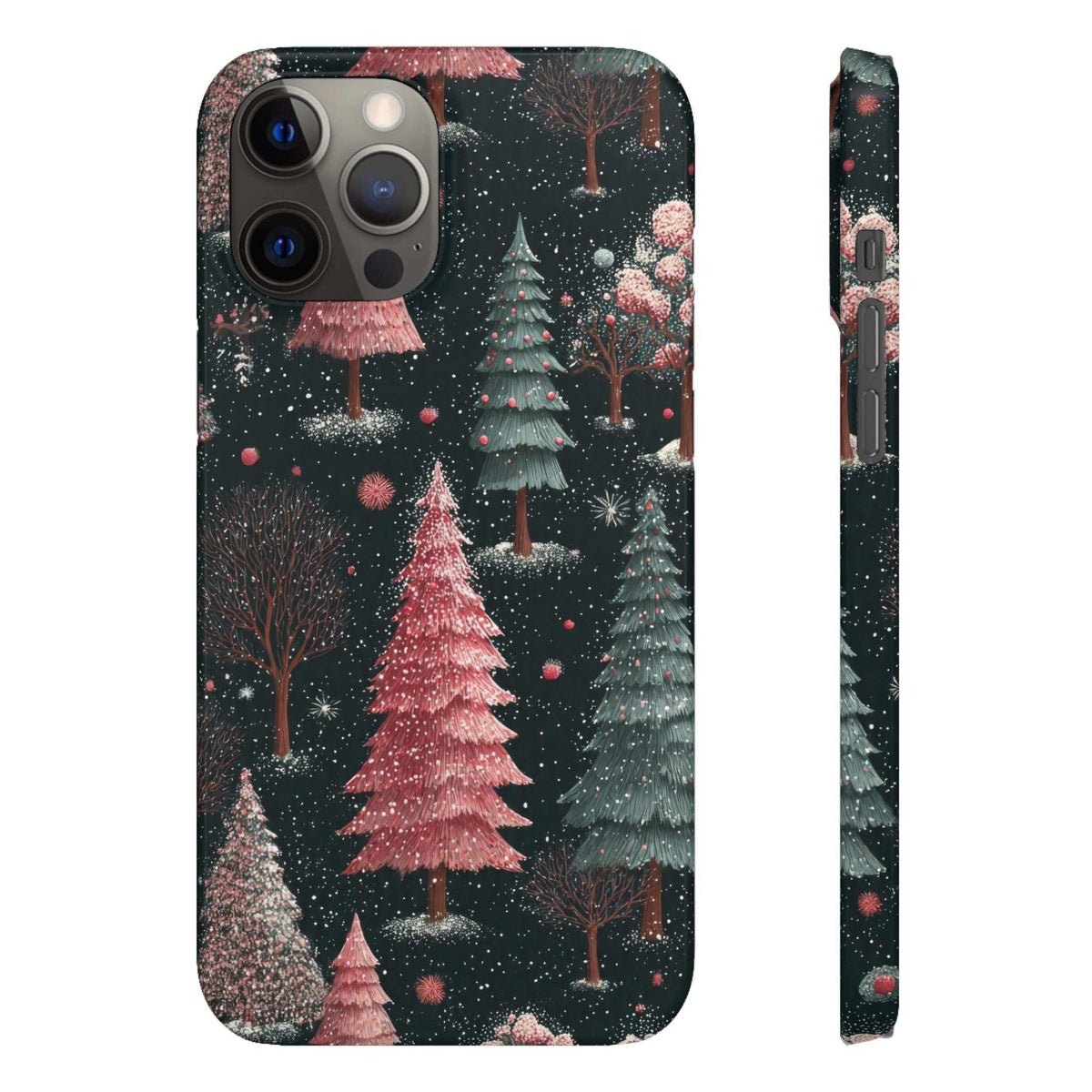 Glossy phone case back with camera cutouts and winter forest pine trees in festive colors