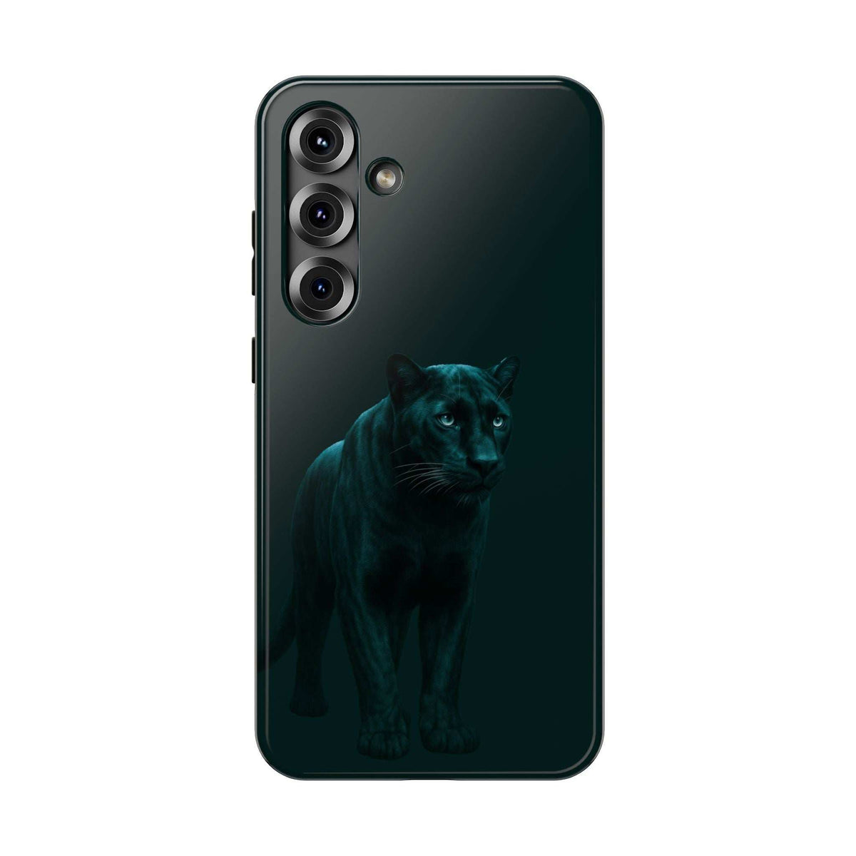 Phone case with dark panther graphic on back, vertical triple-camera cutouts and side buttons