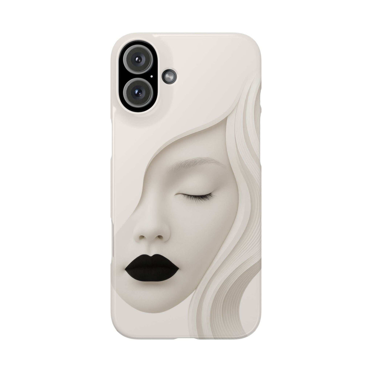 Off-white face phone case with closed eyes and black lips; camera cutouts on top