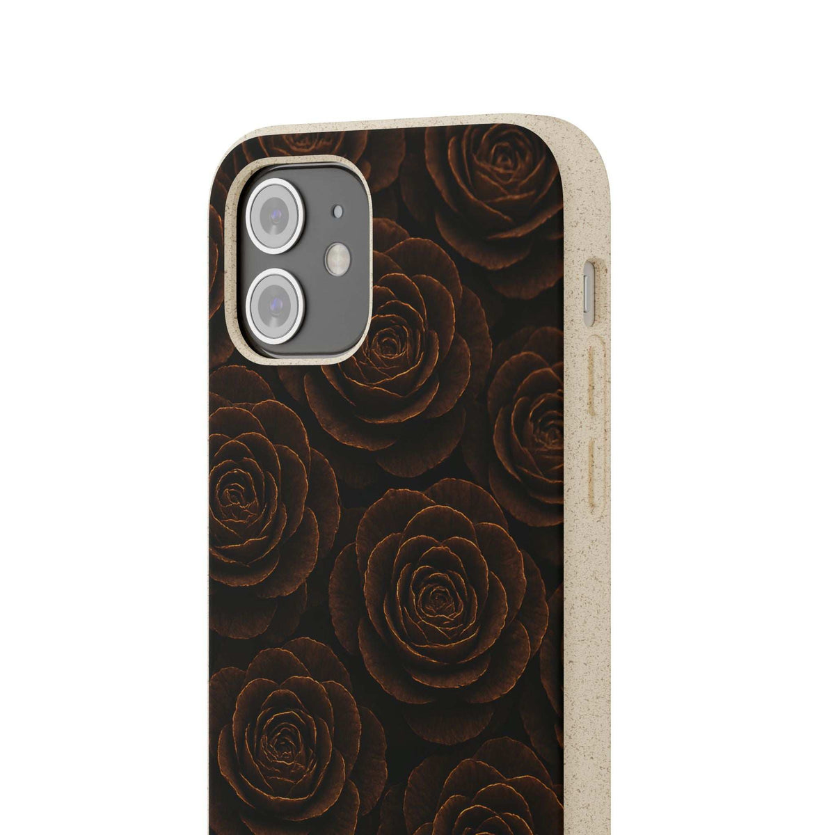 Dark floral roses phone case with light wood trim and dual camera cutouts