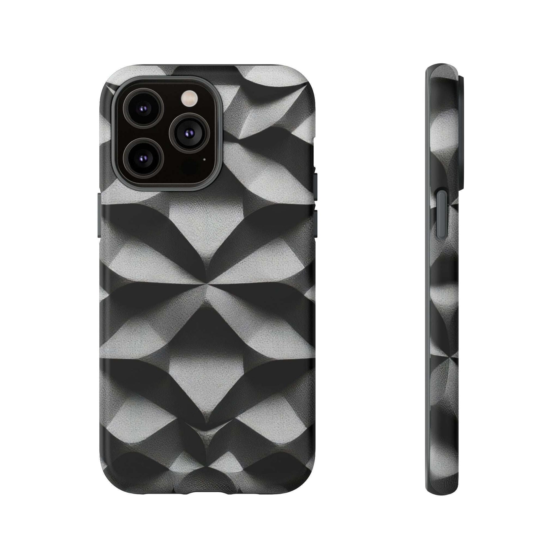 Tough phone case with black-and-gray geometric cube pattern, dual camera cutout and grippy side