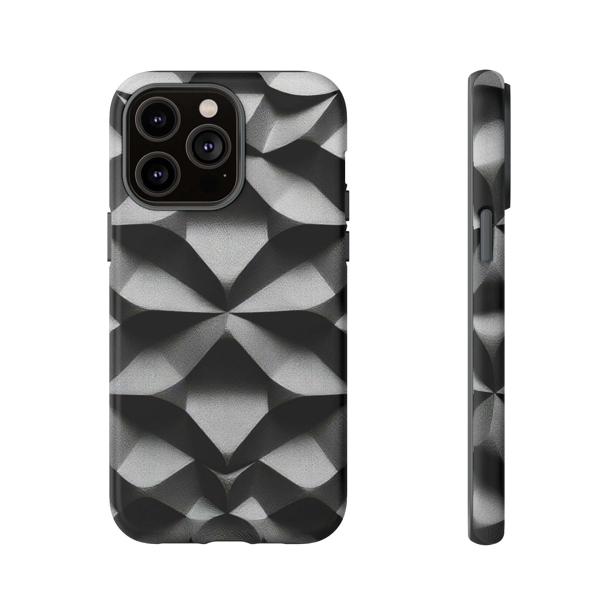 Tough phone case with black-and-gray geometric cube pattern, dual camera cutout and grippy side
