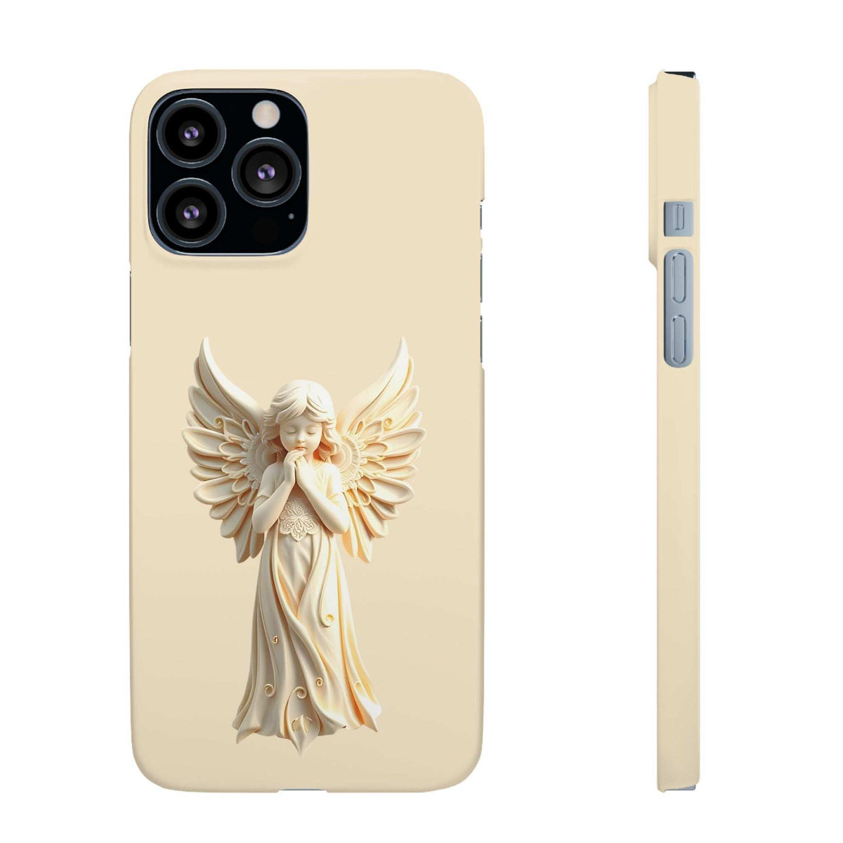 Beige phone case with winged angel cherub print and side ports view