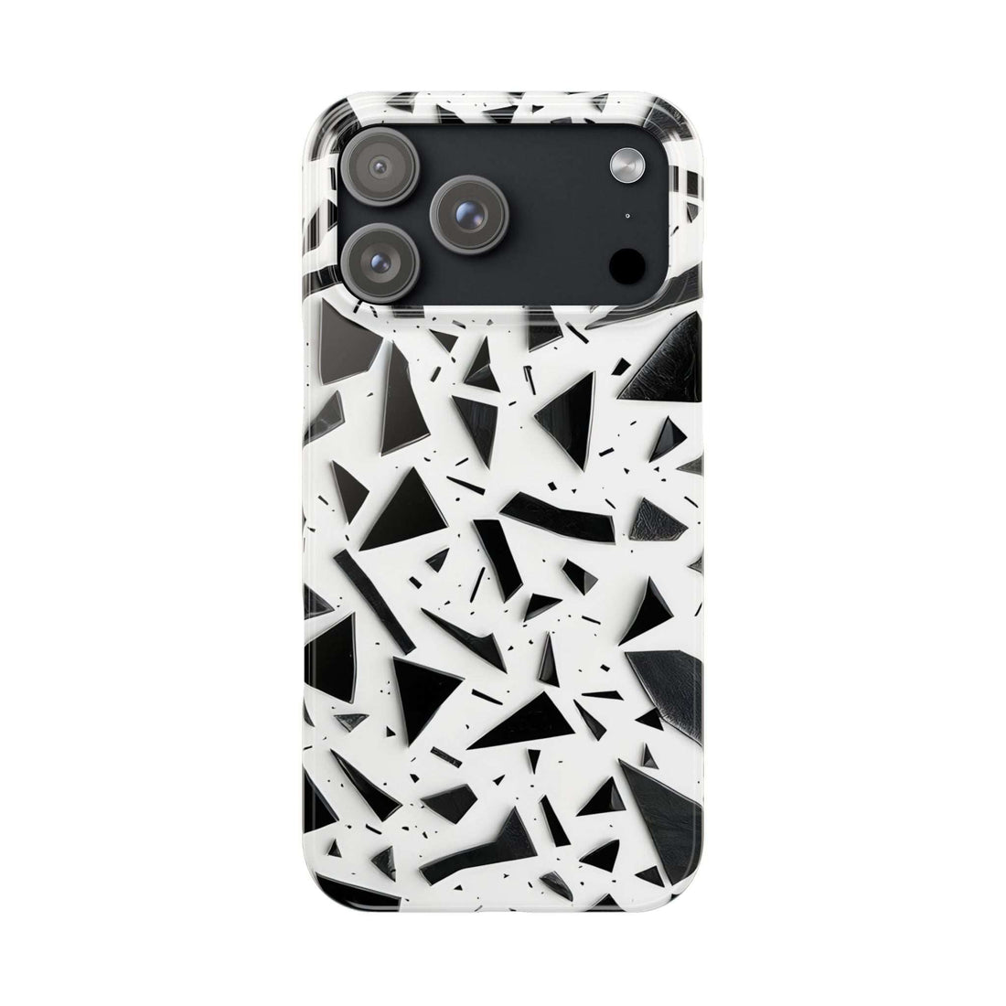 Slim phone case with black and white abstract shards, raised camera cutouts