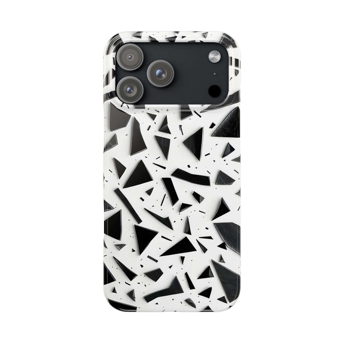 Slim phone case with black and white abstract shards, raised camera cutouts