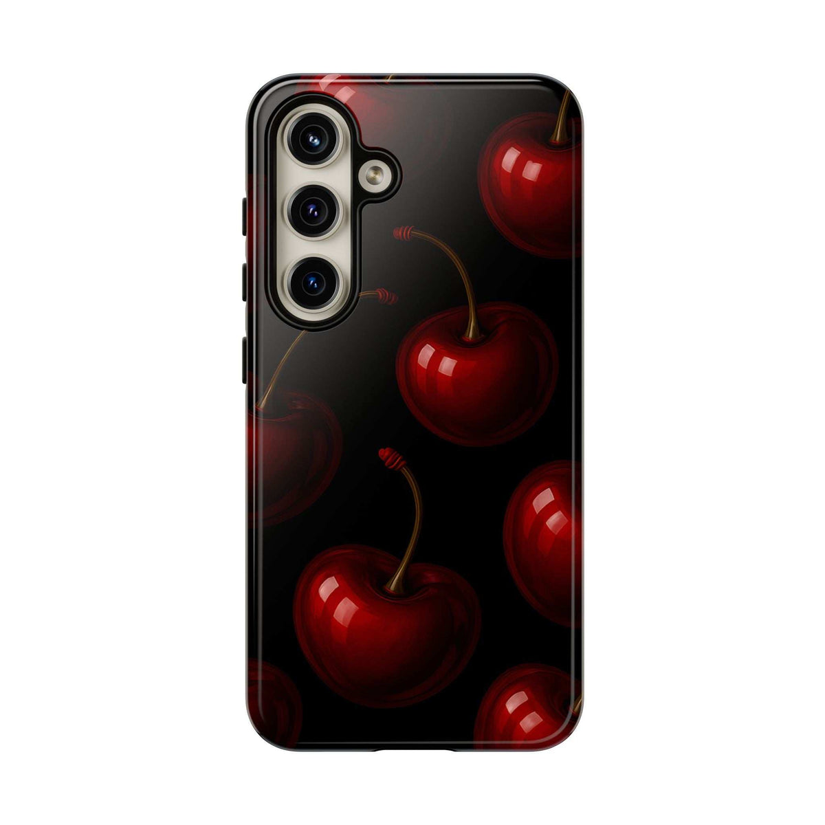 Cherry phone case with glossy finish, black back, red cherries graphic, camera lens cutouts.