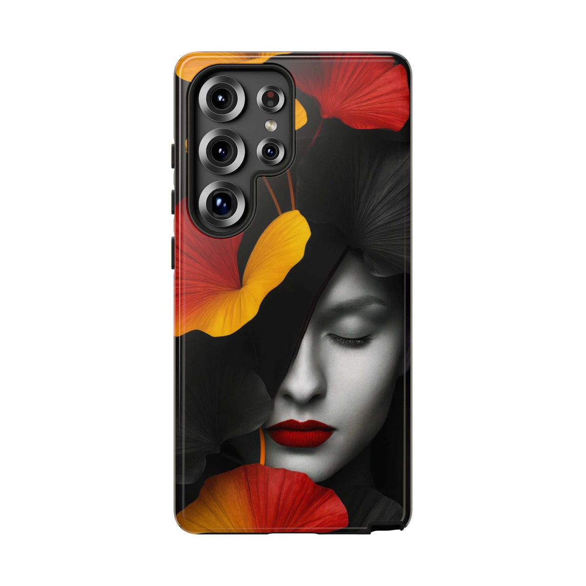 Hidden Emotions glossy phone case, red and black face with yellow flowers; fits iPhone 11-17/Galaxy