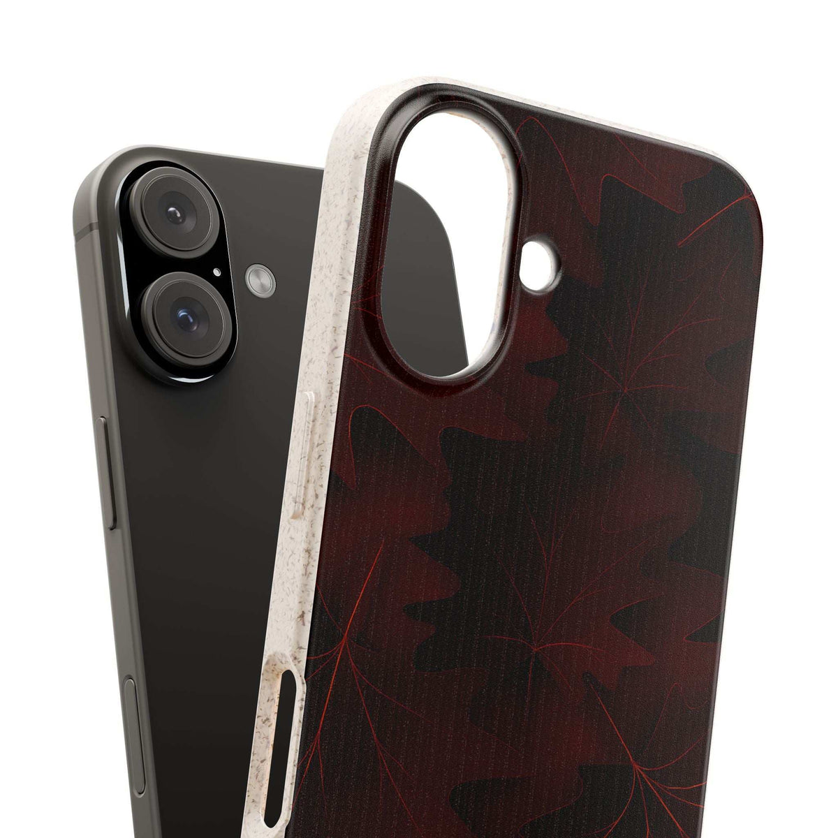 Burgundy leaf-pattern phone case with side button cutout and large camera opening
