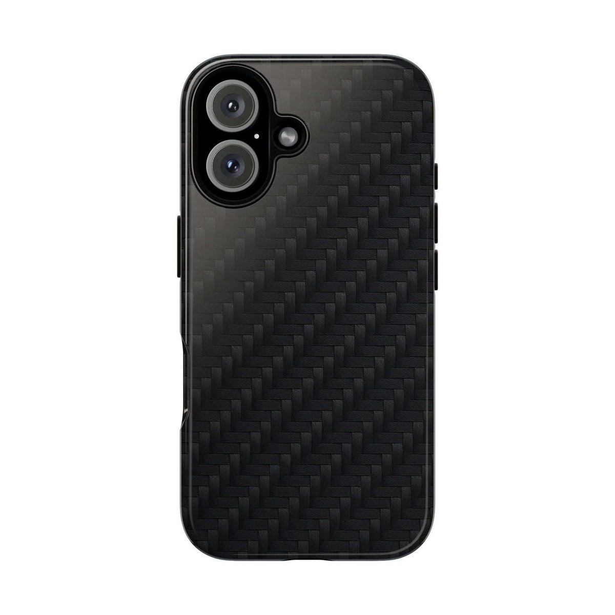 Black carbon-fiber phone case with triple camera opening and side button cutouts