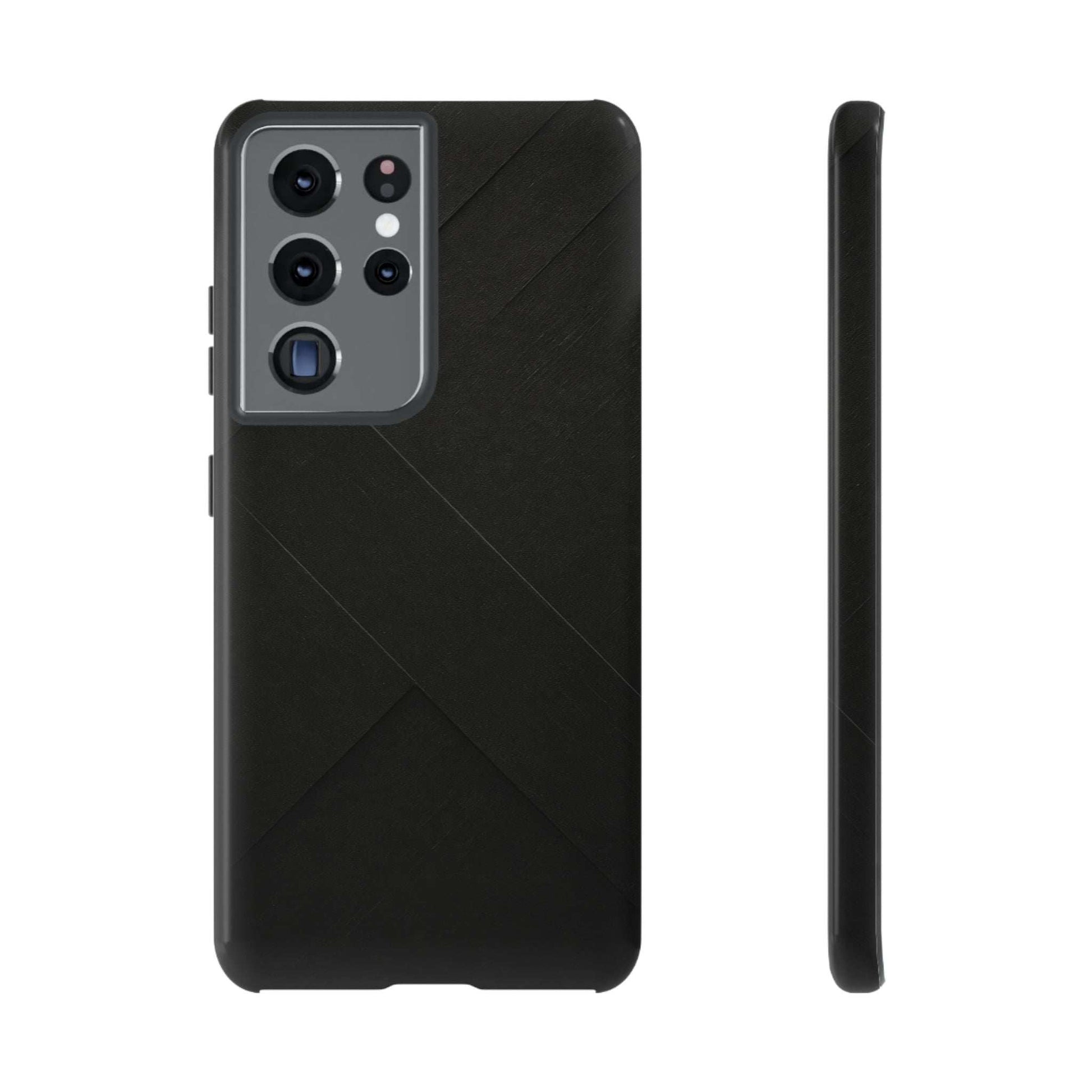 Matte black phone case with diagonal line pattern and raised multi-camera area