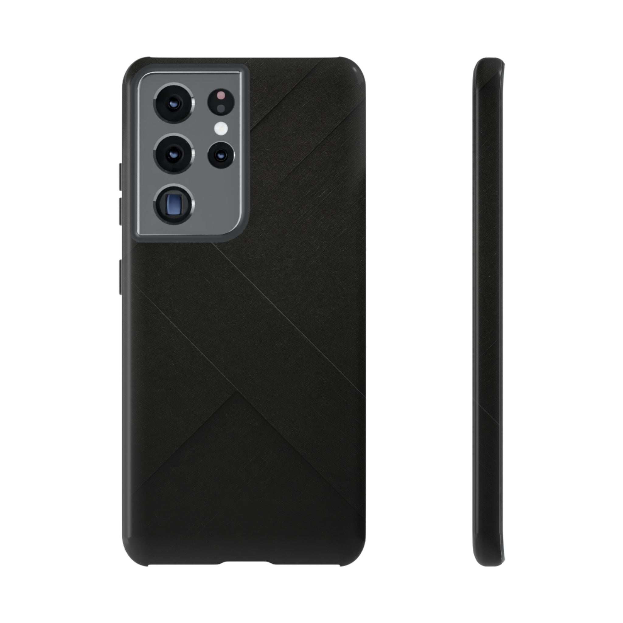 Matte black phone case with diagonal line pattern and raised multi-camera area
