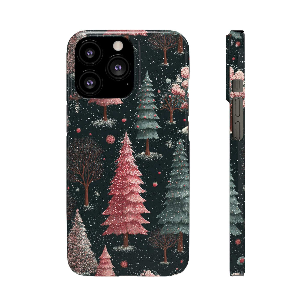 Glossy phone case back with camera cutouts; winter forest pine trees and snow dot pattern