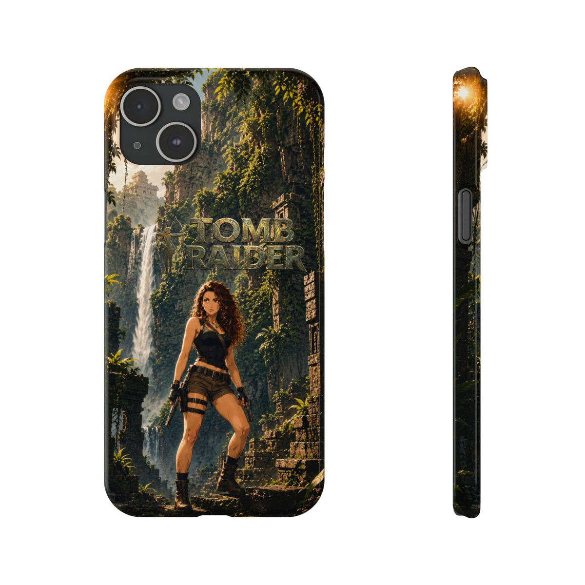 Tomb Raider iPhone case, dark back print with character and logo, side profile with ports