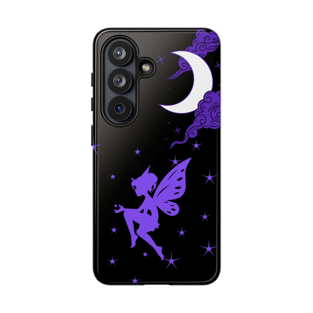 Black phone case with purple fairy silhouette, crescent moon, and star sparkles; camera lenses visible