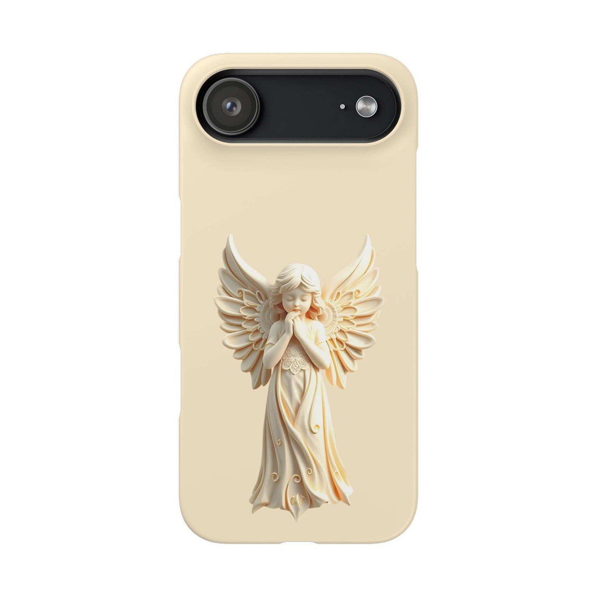 Light beige phone case with angel figurine relief and top bar camera opening