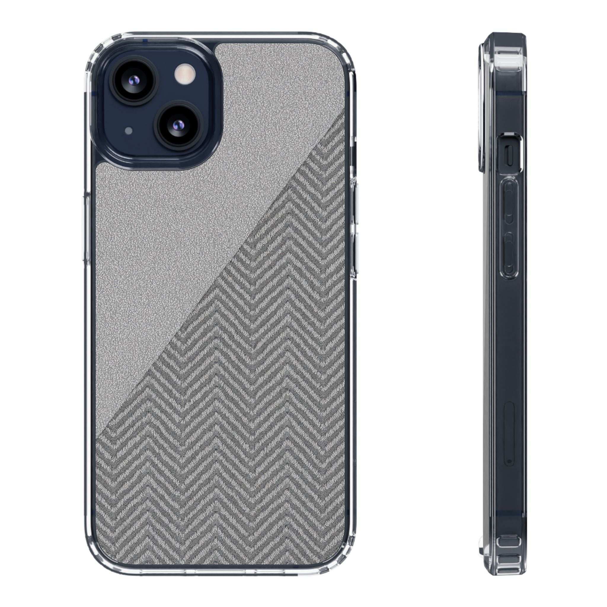 Herringbone tough phone case showing back view and slim clear side profile for iPhone 12-17
