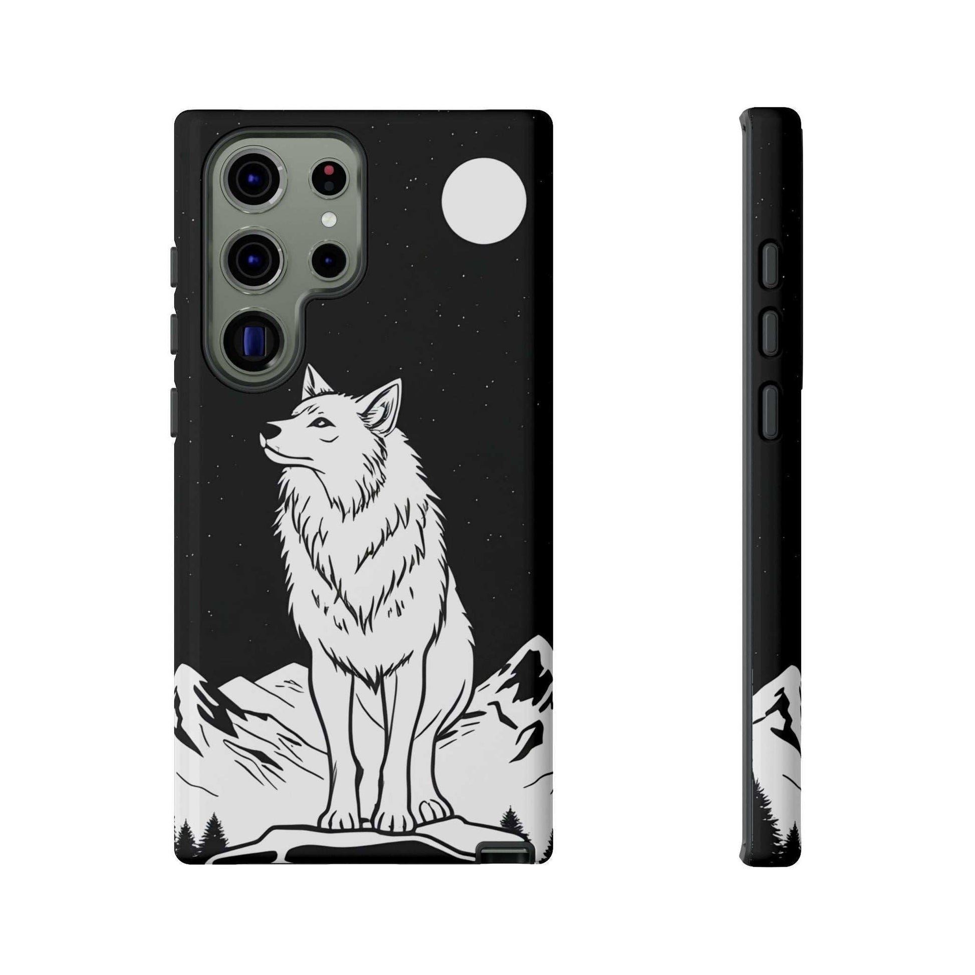 Black phone case with wolf illustration, camera cutouts, and side buttons