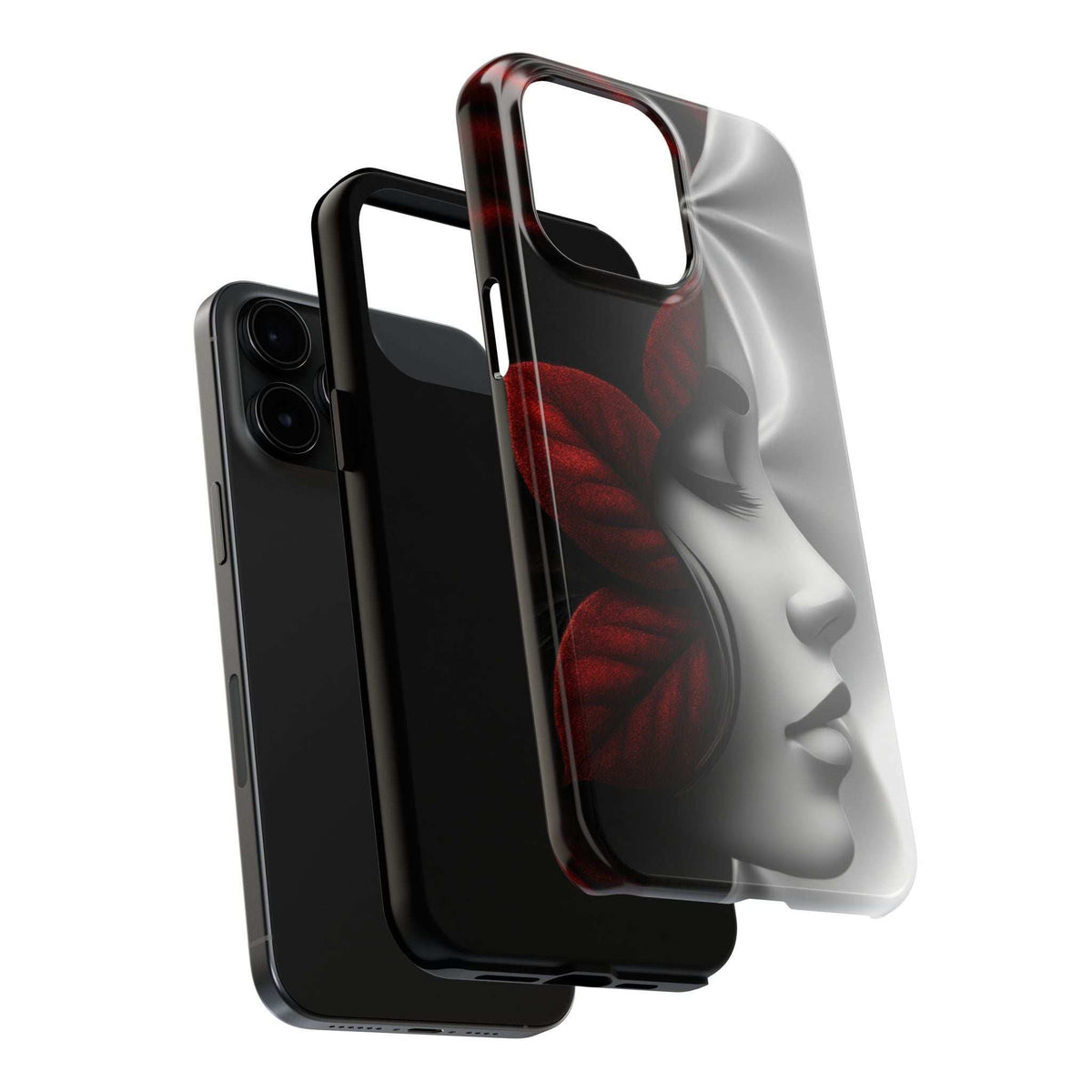 Transparent phone case with red floral pattern and raised screen lip