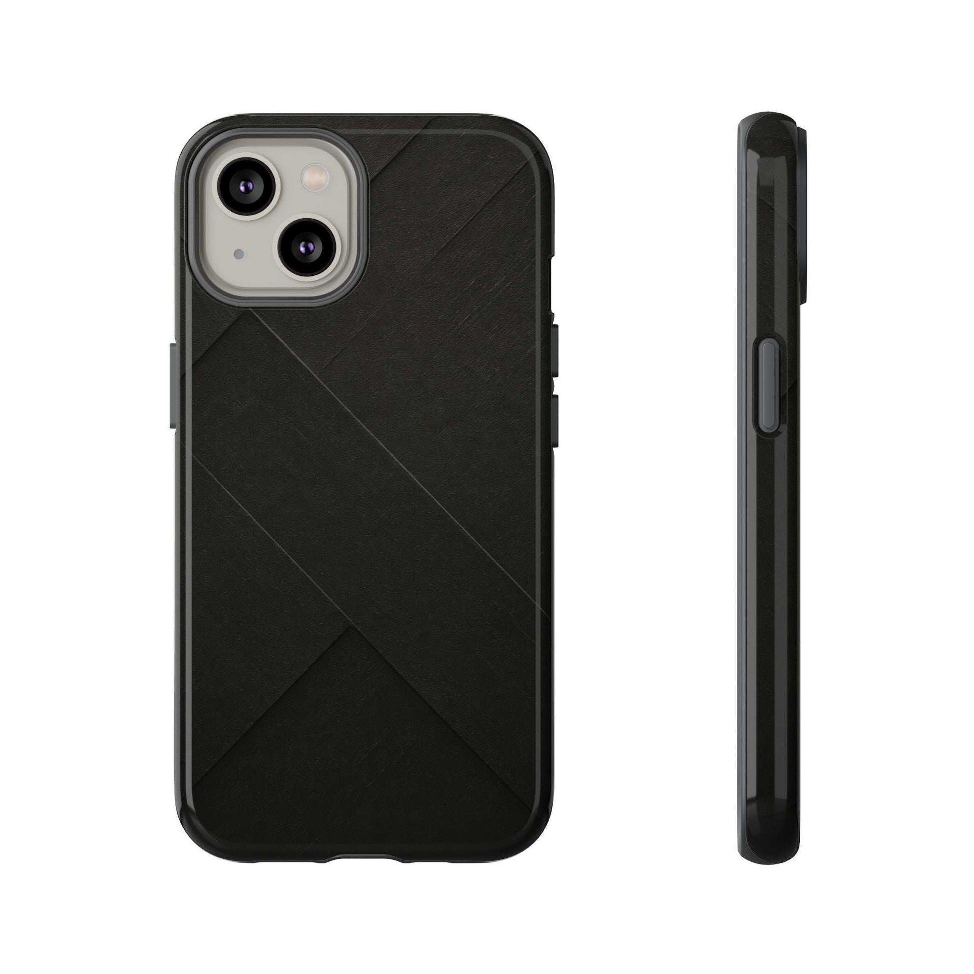 Matte black phone case with diagonal line pattern and raised dual camera cutouts