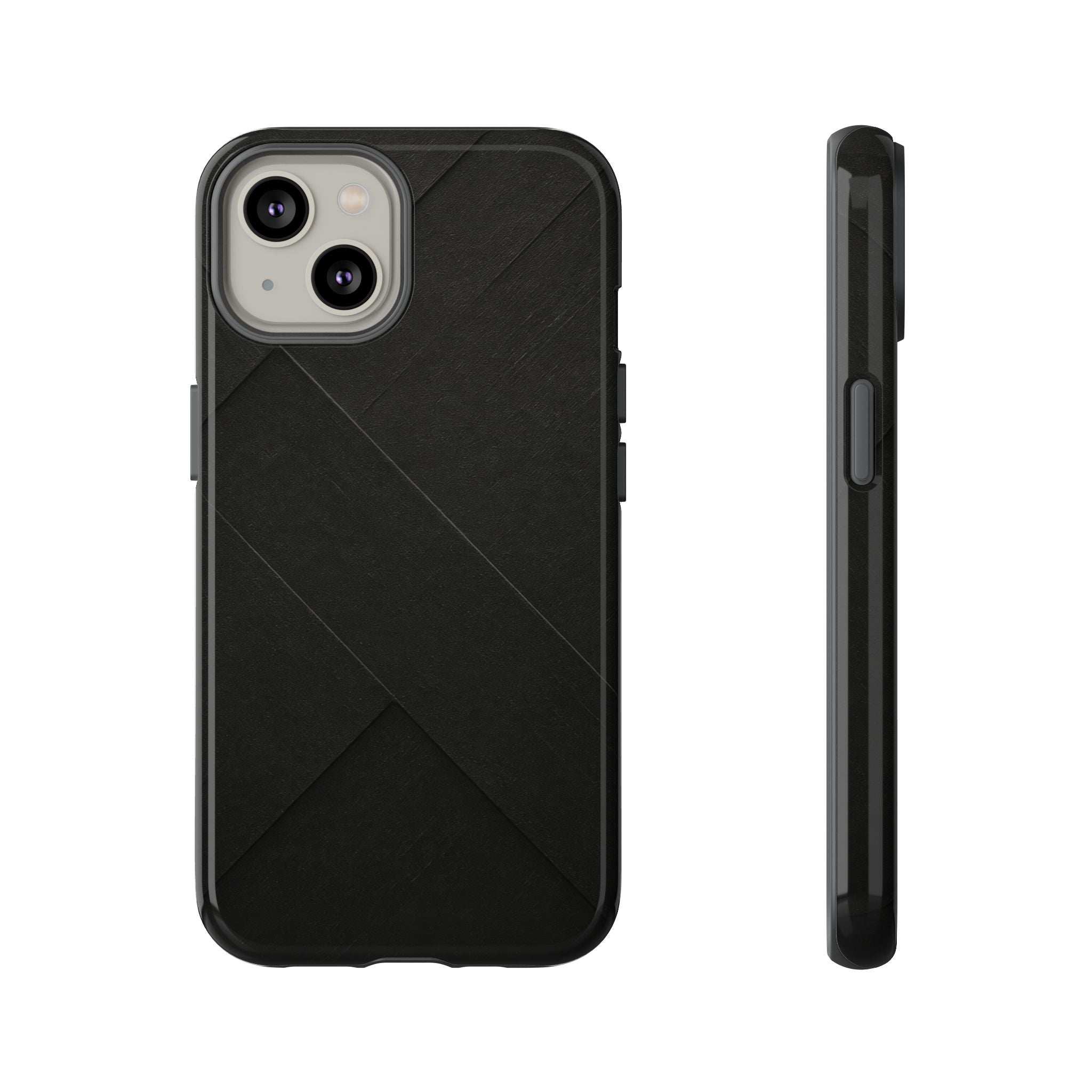Matte black phone case with diagonal line pattern and raised dual camera cutouts