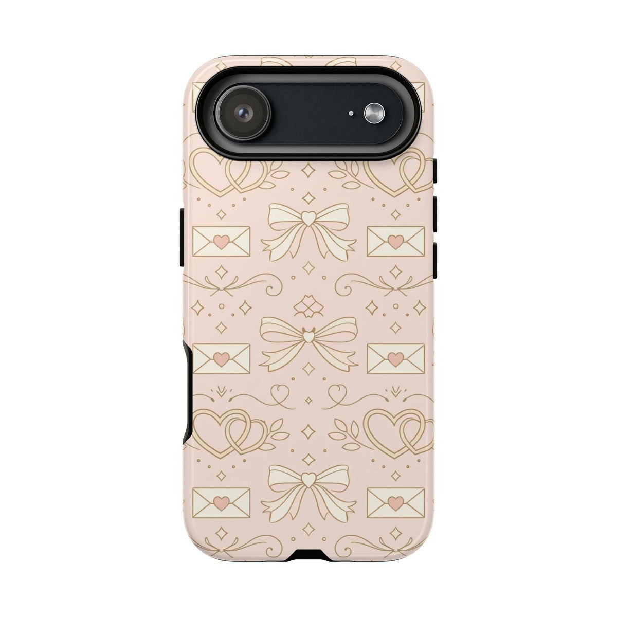 Light pink phone case with heart and bow print; top opening with camera flash cutout