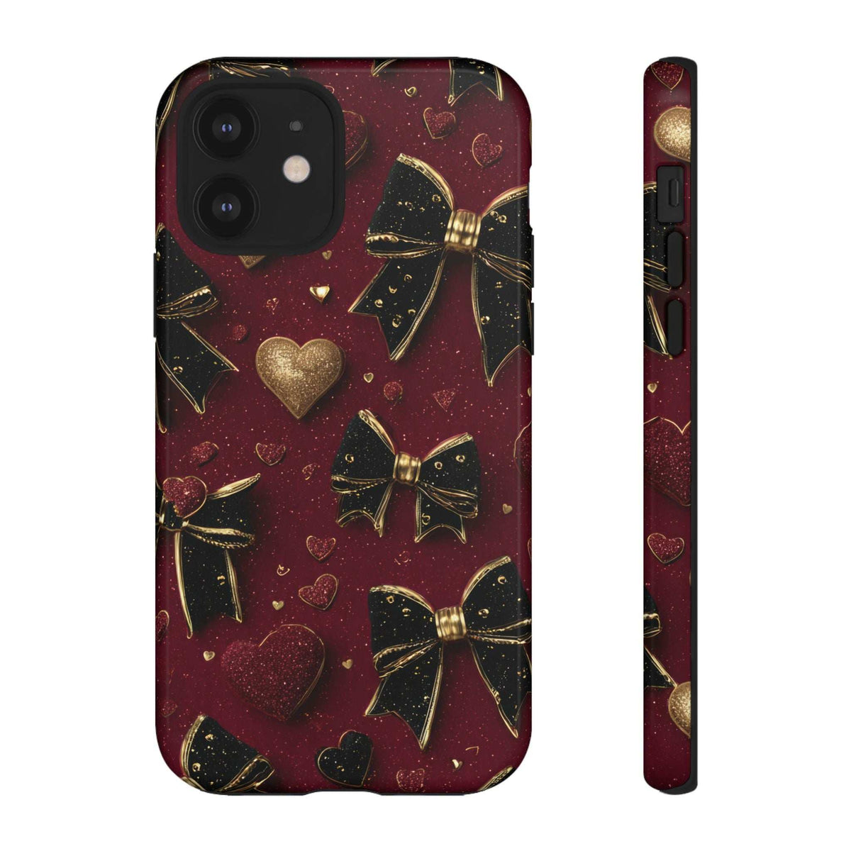 Maroon glossy phone case with gold bows and hearts, front view with dark camera area.