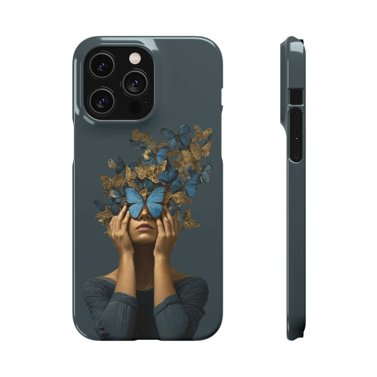 Dark gray phone case with butterfly crown portrait, visible side buttons and camera cutout