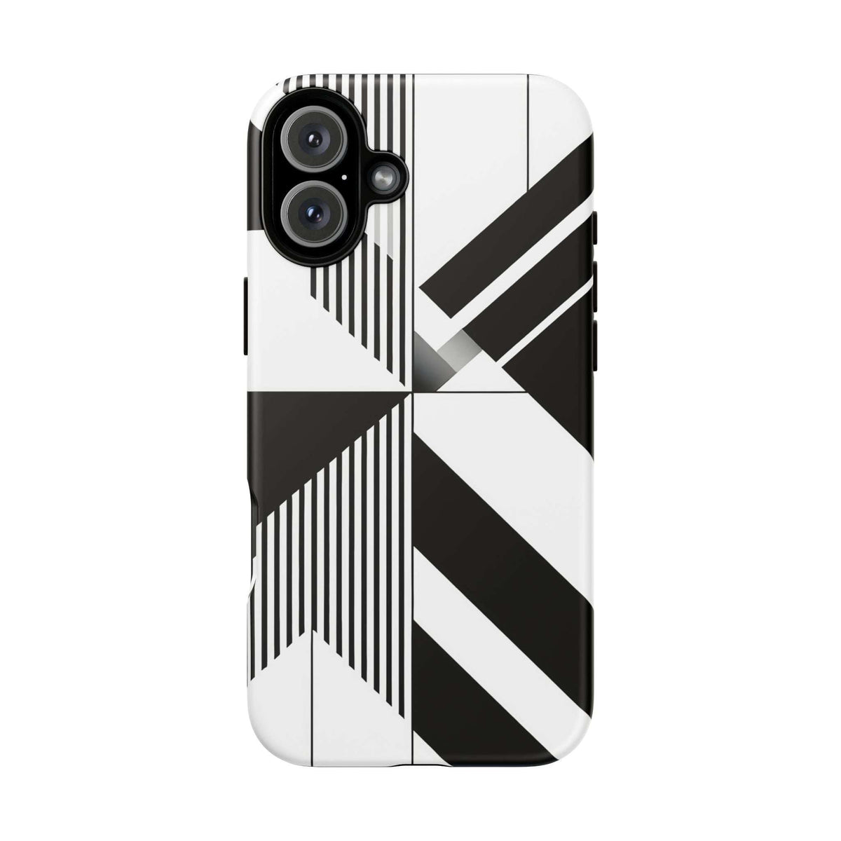 Tough phone case with monochrome lines and raised camera cutout for multi-lens